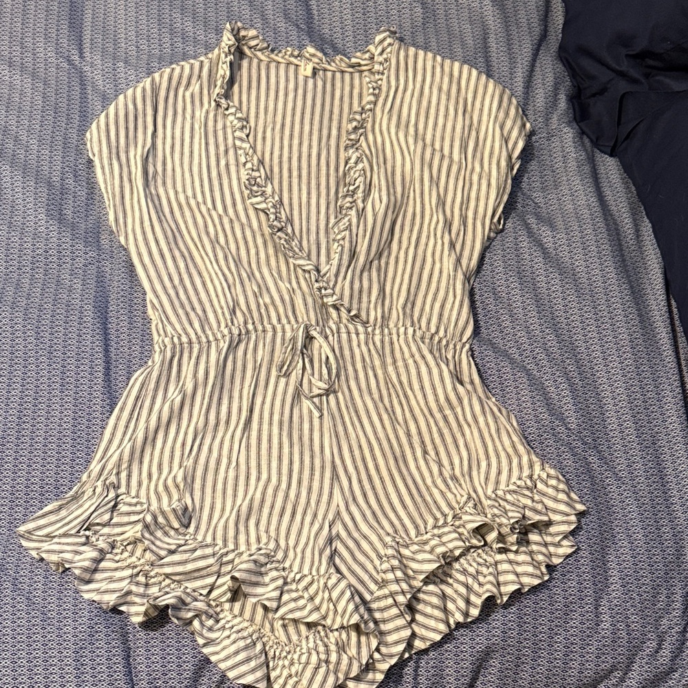 Elan Blue and White Striped Ruffle Jumpsuit